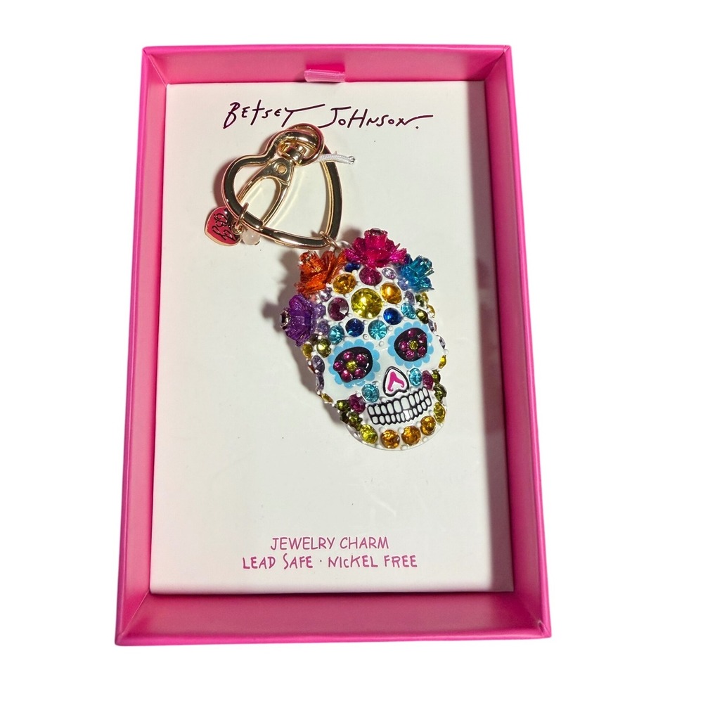 Betsey Johnson Sugar Skull Crystal Flower Jewelry Bag Charm Keychain New